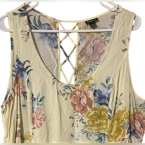 Torrid Floral Tiered Top Womens 2X Yellow Sleeveless Challis Fairy Cottage Comfy - Picture 14 of 16